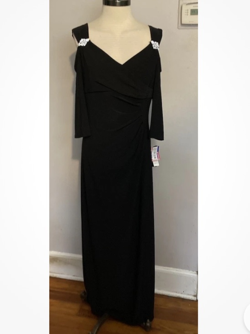 R&M Richards Evening Gown Dress black Empire Waist Cold Shoulder Sleeves 12 NWT